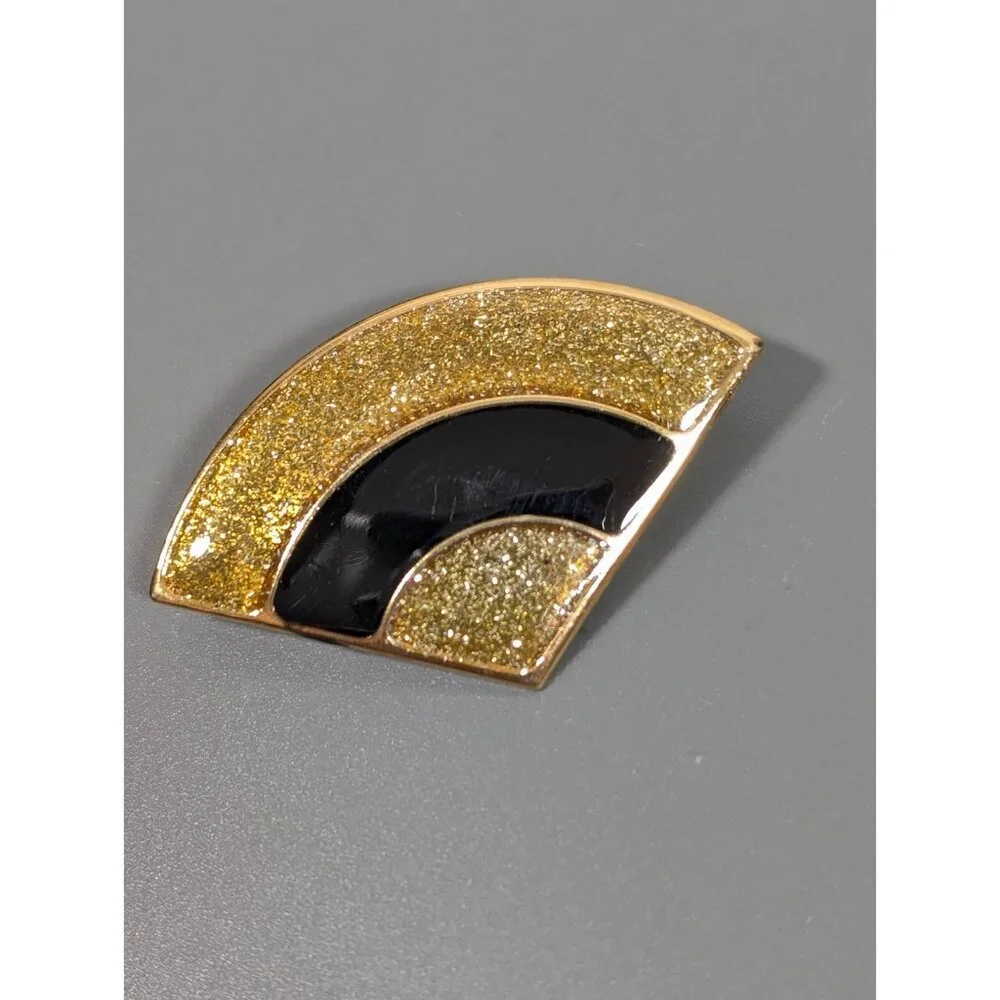 VTG Gold Tone‎ Glitter Black Enamel Art Deco Fan Curved Brooch pin